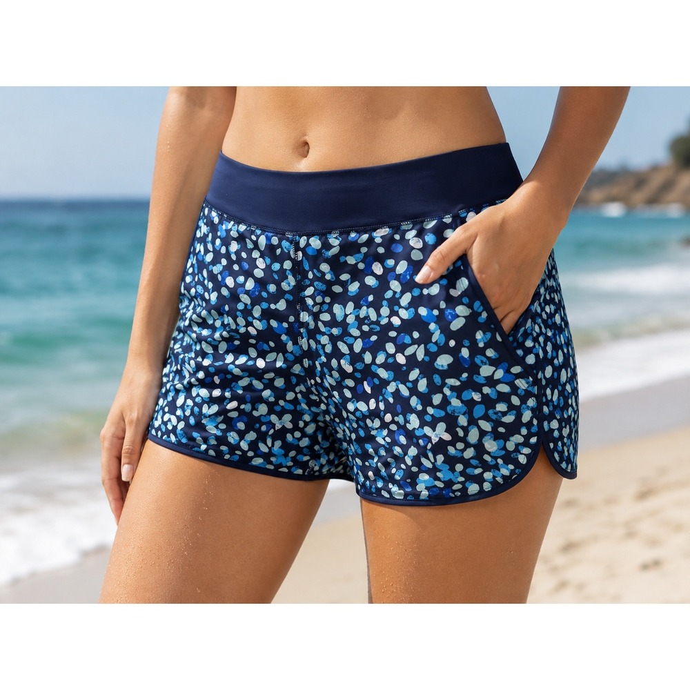 Lands End Swim Shorts Womens M Medium Blue Dot Print NEW 5 Inch Inseam Pockets